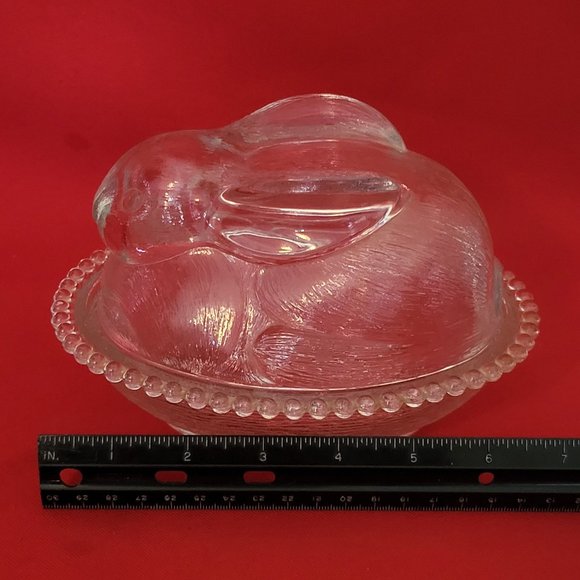 VTG Clear Glass Bunny Rabbit Covered Trinket Oval Candy Beaded Dish Translucent - Picture 11 of 15
